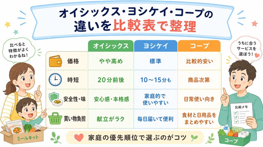 オイシックス・ヨシケイ・コープの違いを比較表で整理